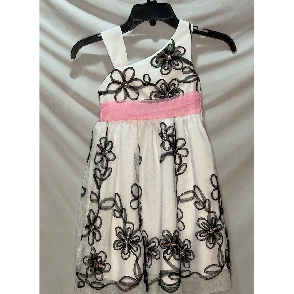 Rare Editions Girls White Black Floral One Shoulder Party Dress Pink Sash Size 5